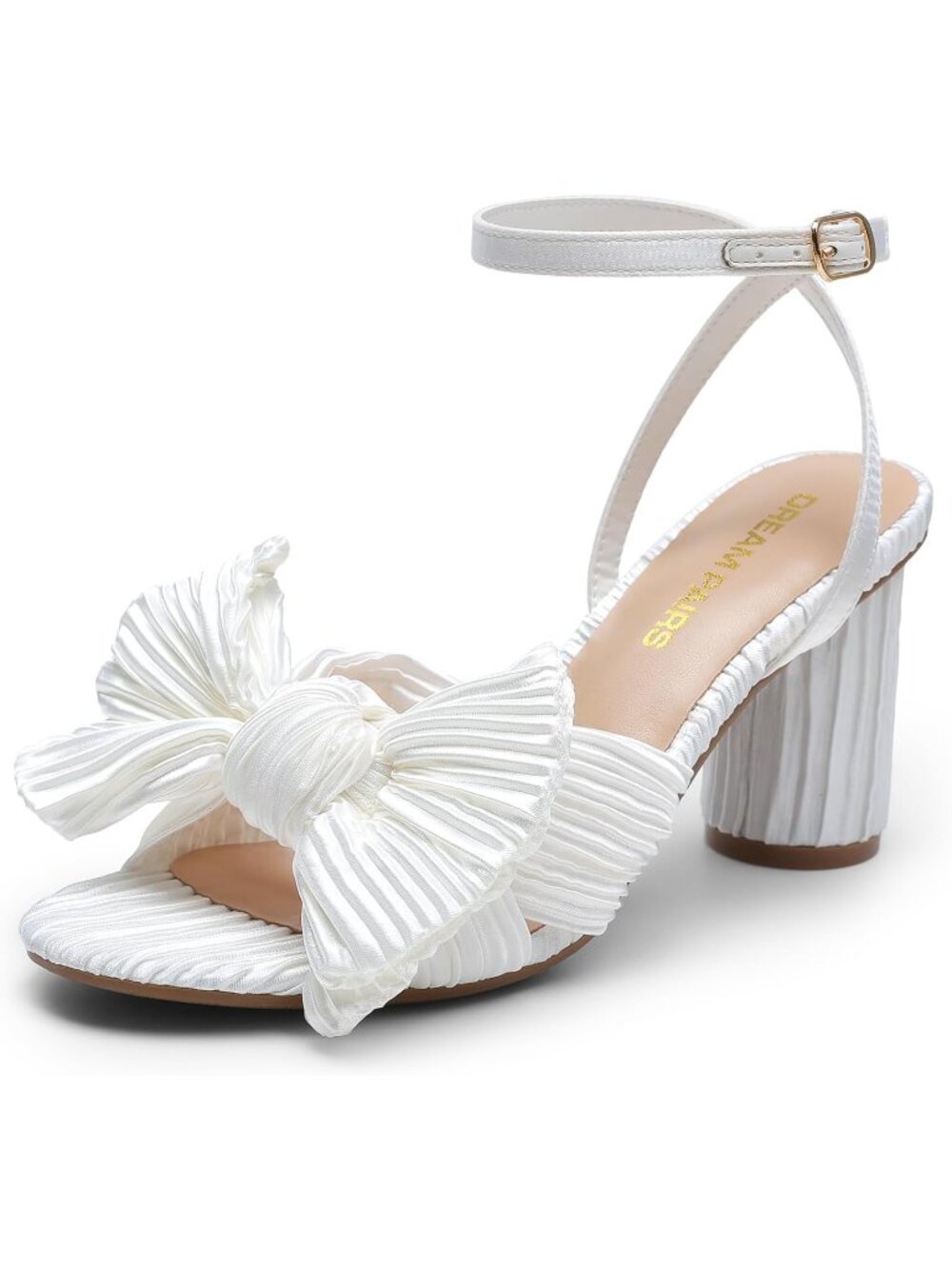 DREAM PAIRS Women's White Bow Knot Heels High Chunky Block Heels Open Toe Ankle